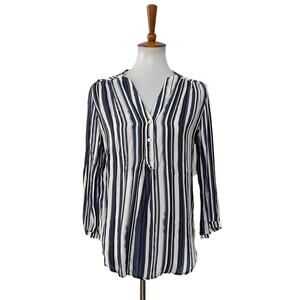 Amour Vert Womens Striped Silk Pullover Top Long Sleeve Blue White S Small